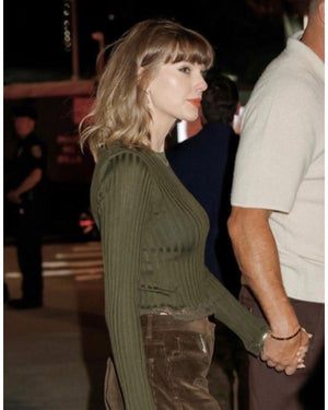 Taylor Swift Olive Green Lace Trim Ribbed Top - view 3