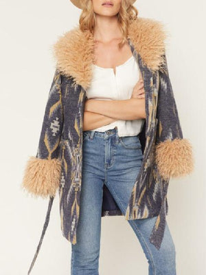 Kamaia Fairburn Heartland S20 Blue Aztec Print Fur Trim Coat