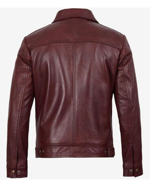 Men’s Burgundy Classic Collar Genuine Leather Jacket - view 4