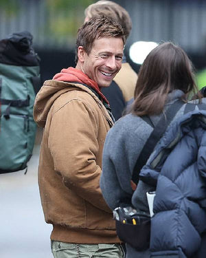 The Running Man Glen Powell Brown Hooded Jacket