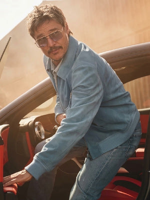 Brad Pitt Too Hard to Resist Campaign Blue Suede Jacket