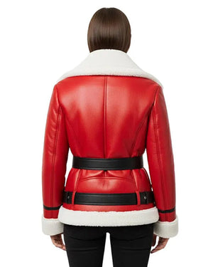 Women’s Red Christmas Lambskin Leather Shearling B3 Bomber Jacket