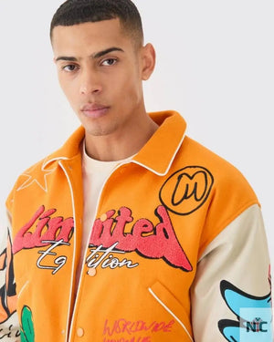Boxy Fit Graffiti Orange Varsity Jacket