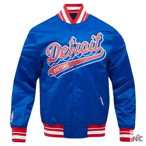 Detroit Pistons Inspired Script Tail Blue Satin Varsity Jacket