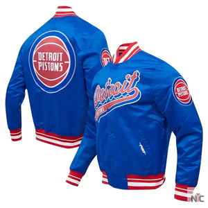 Detroit Pistons Inspired Script Tail Blue Satin Varsity Jacket