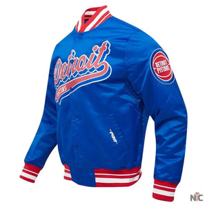 Detroit Pistons Inspired Script Tail Blue Satin Varsity Jacket