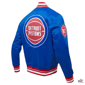 Detroit Pistons Inspired Script Tail Blue Satin Varsity Jacket