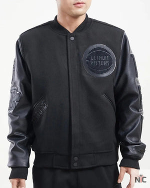 Detroit Pistons Inspired Triple Black Wool Varsity Jacket