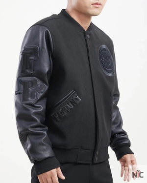 Detroit Pistons Inspired Triple Black Wool Varsity Jacket