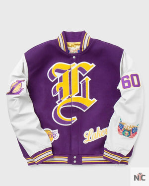 LA Lakers Inspired Purple and White Wool Letterman Jacket