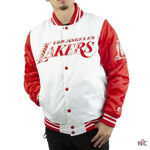 Los Angeles Lakers Inspired White And Red Satin Jacket