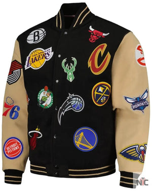 Men’s NBA Inspired FISLL Black/Khaki All Logo Aviator Wool Varsity Jacket