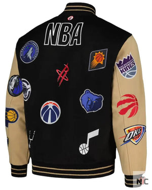 Men’s NBA Inspired FISLL Black/Khaki All Logo Aviator Wool Varsity Jacket
