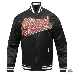Miami Heat Inspired Script Tail Black Full-snap Satin Varsity Jacket