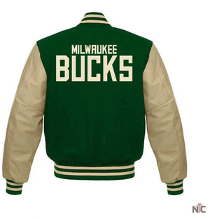 Milwaukee Bucks Inspired Letterman Beige and Green Jacket