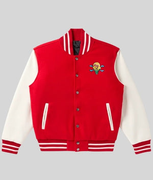 Mr. Me Too Varsity Jacket front view, red wool body with white leather sleeves and striped rib-knit trim