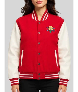 Women's Mr. Me Too red and white varsity jacket worn front view with snap-button closure
