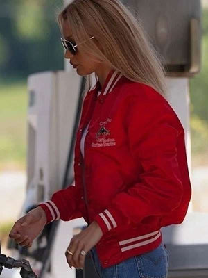 Bella Hadid 2025 Red Varsity Jacket - side view