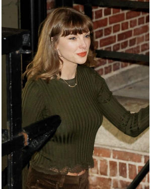Taylor Swift Olive Green Lace Trim Ribbed Top - view 2