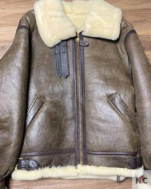 Avirex B-3 Mouton Brown Leather Flight Bomber Jacket