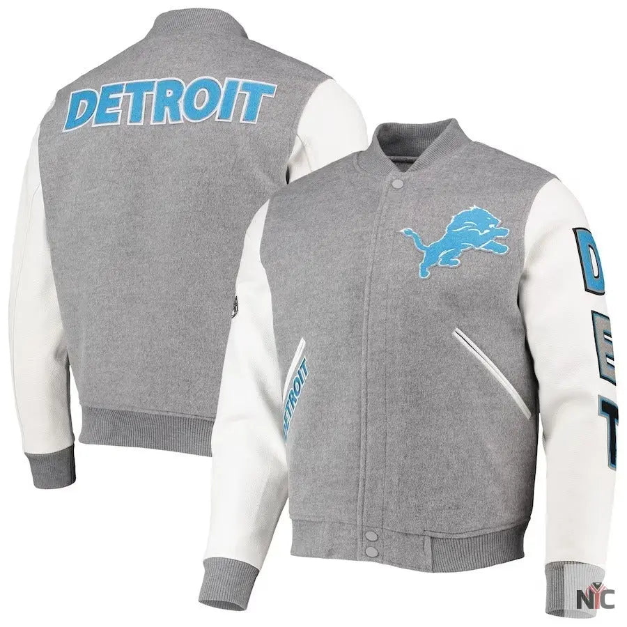 Detroit Lions Grey And White Varsity Jacket