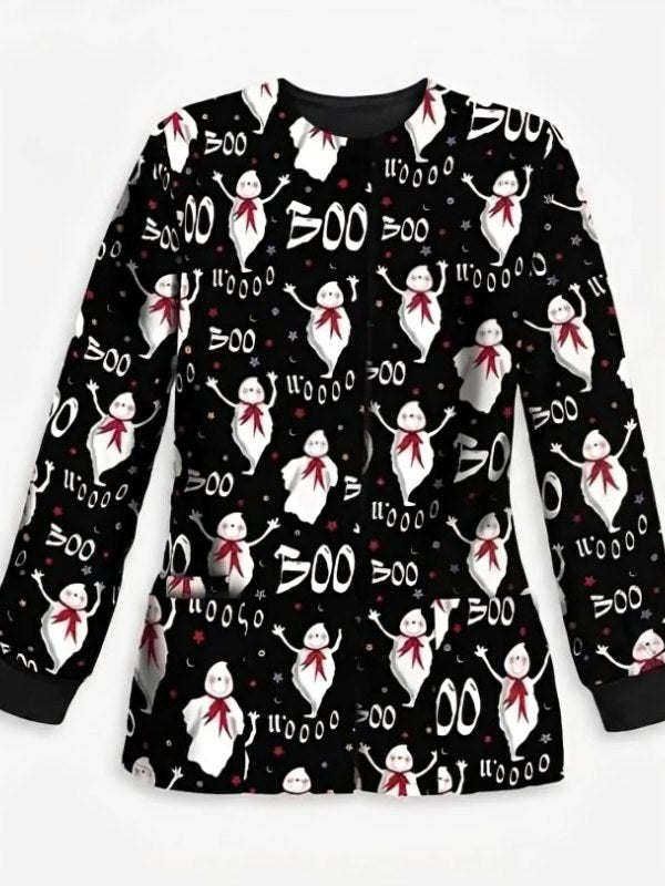Ghost Print Boo Wooo Halloween Scrub Jacket
