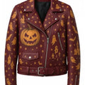 Halloween Pumpkin & Ghost Print Leather Biker Jacket