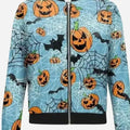 Halloween Pumpkin & Spider Web Print Blue Bomber Jacket