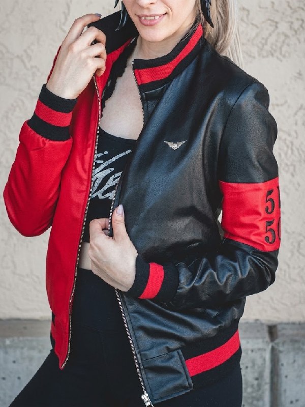Harley Quinn Red & Black Leather Bomber Jacket