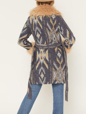 Kamaia Fairburn Heartland S20 Blue Aztec Print Fur Trim Coat - view 2