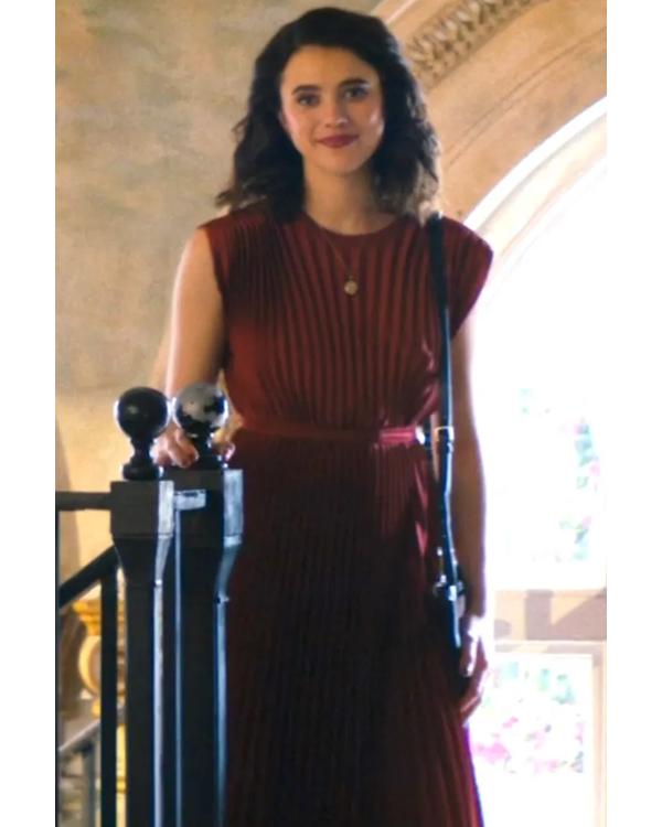 Love Of Your Life 2026 Margaret Qualley Burgundy Pleated Dress