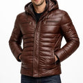 Men’s Brown Leather Hooded Quilted Puffer Jacket