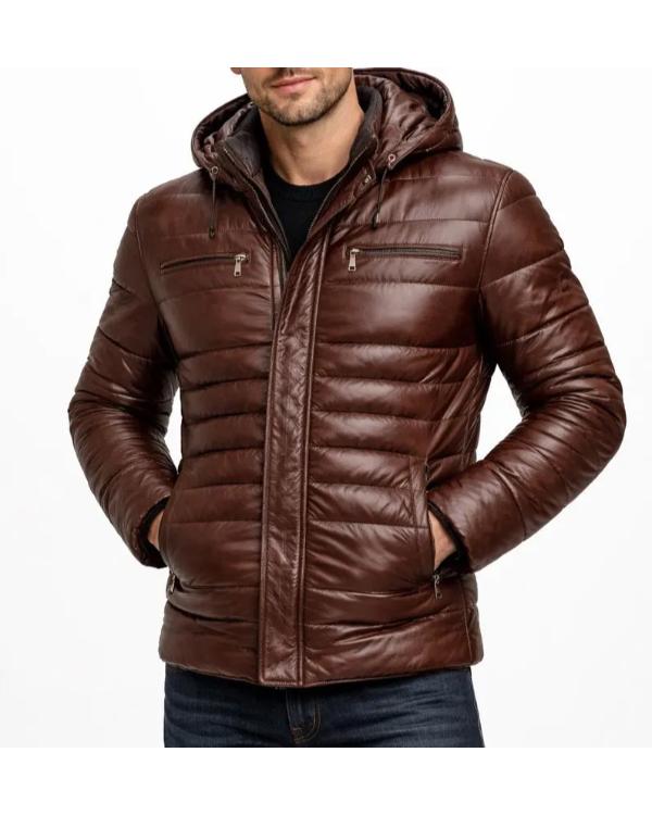 Men’s Brown Leather Hooded Quilted Puffer Jacket