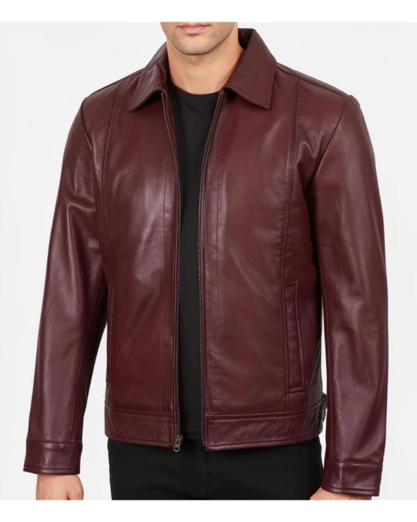 Men’s Burgundy Classic Collar Genuine Leather Jacket - view 2