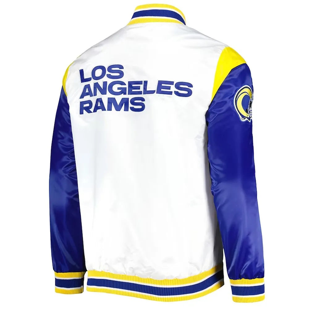 LA Rams Throwback Warm Up Pitch Varsity Satin Jacket