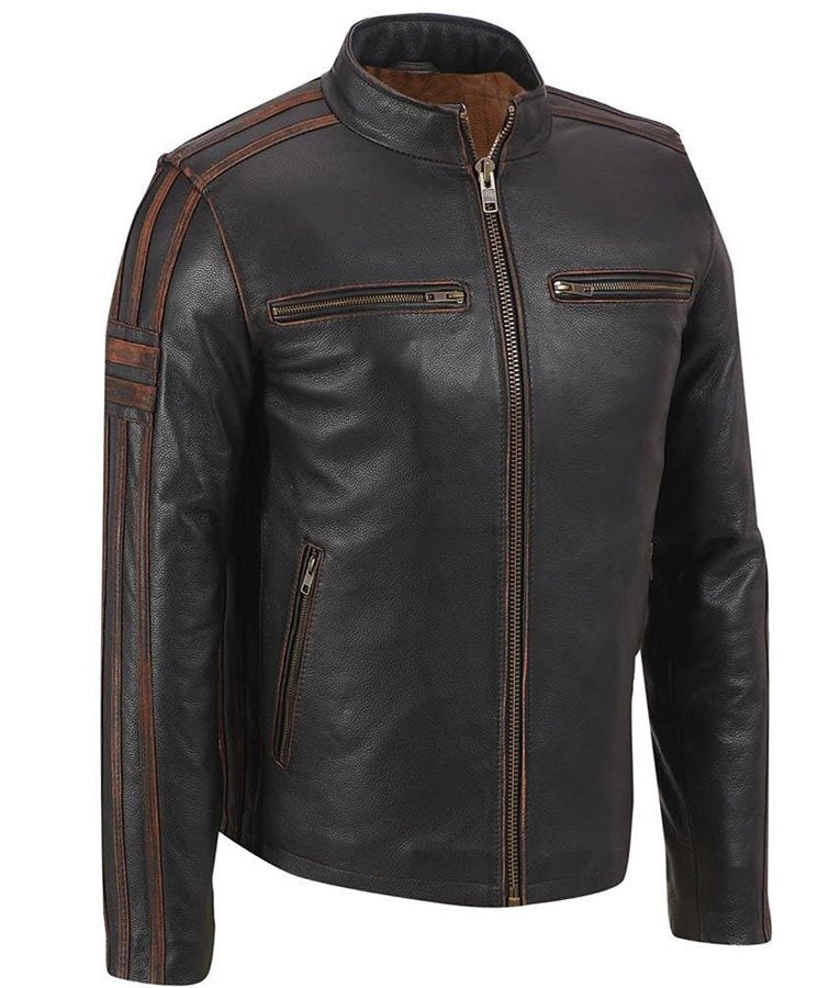 Mens Brown Stripe Café Racer Jacket