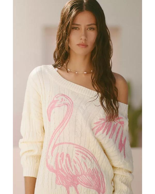 Pink Flamingo Printed Boat-Neck Sweater