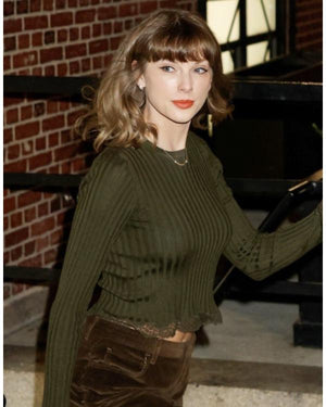 Taylor Swift Olive Green Lace Trim Ribbed Top