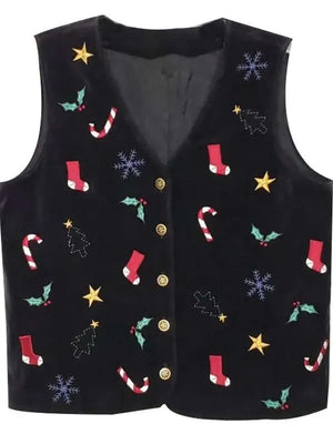 Women Embroidered Christmas Black Velvet Vest