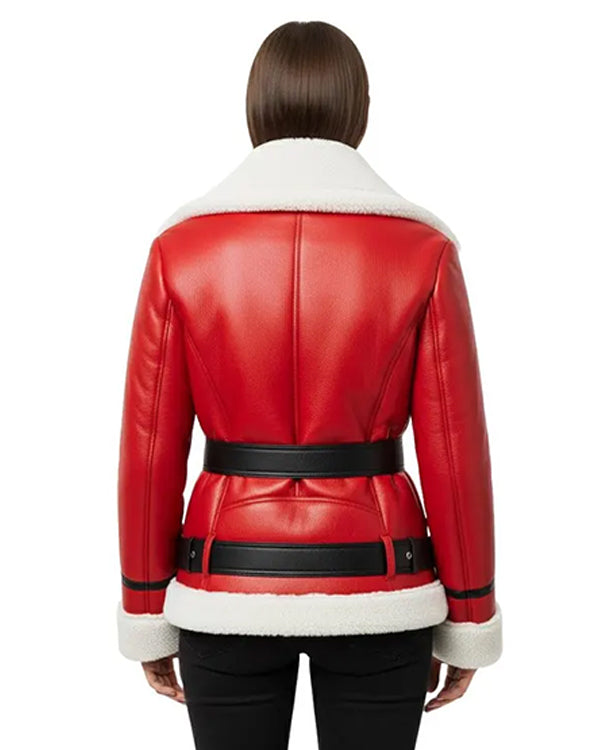 Women’s Red Christmas Lambskin Leather Shearling B3 Bomber Jacket