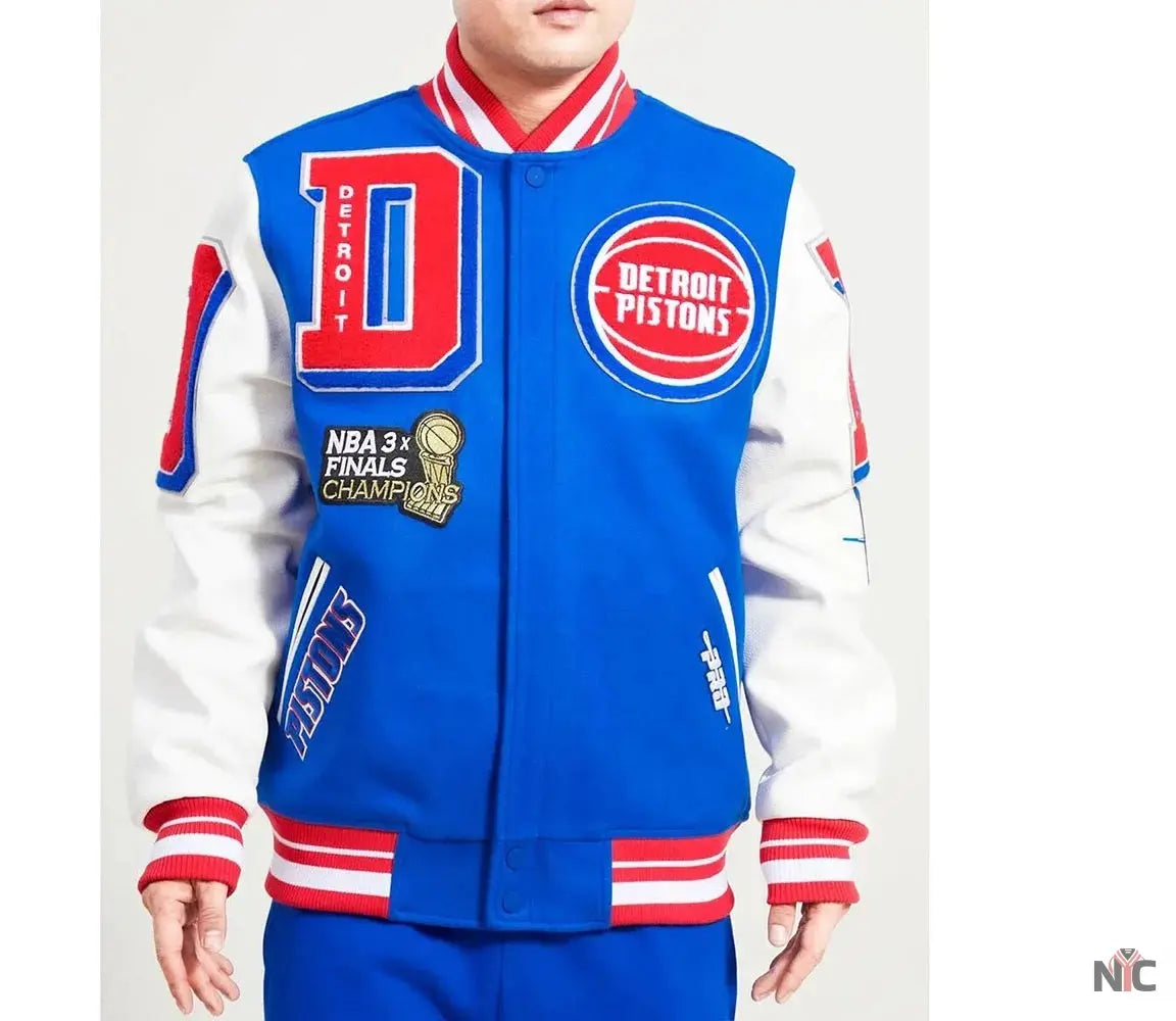 Detroit Pistons Inspired Mashup Varsity Royal and White Jacket