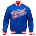 Detroit Pistons Inspired Script Tail Blue Satin Varsity Jacket