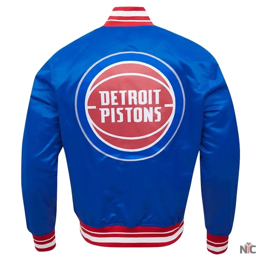 Detroit Pistons Inspired Script Tail Blue Satin Varsity Jacket