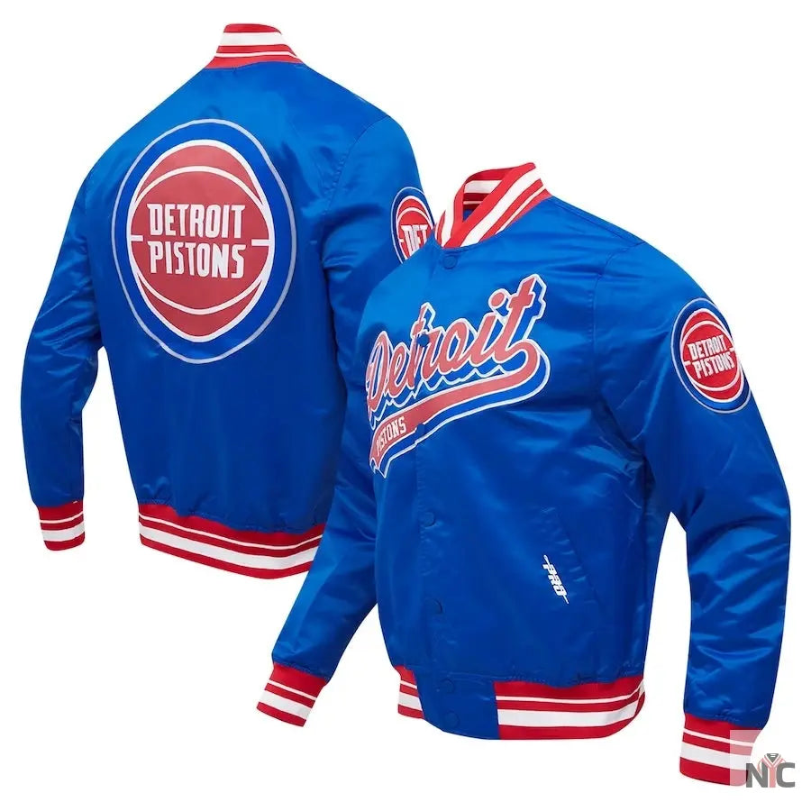 Detroit Pistons Inspired Script Tail Blue Satin Varsity Jacket