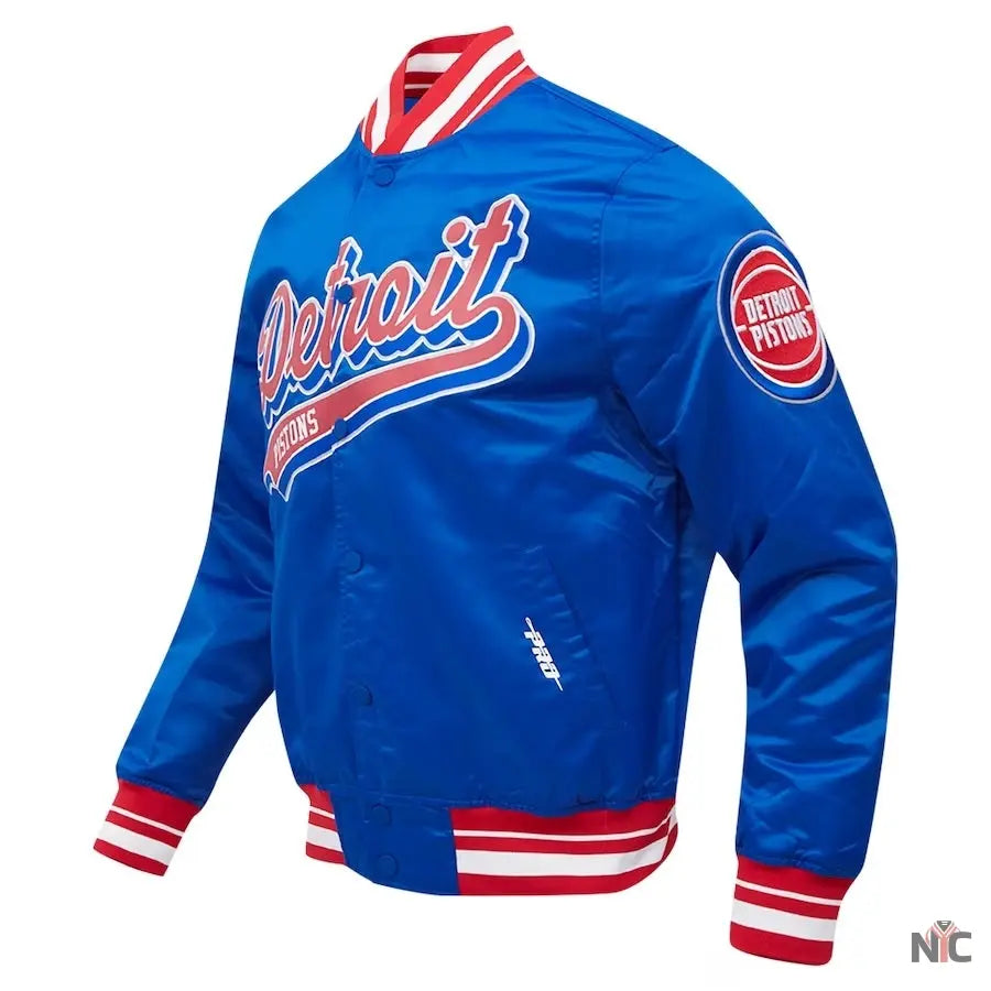 Detroit Pistons Inspired Script Tail Blue Satin Varsity Jacket