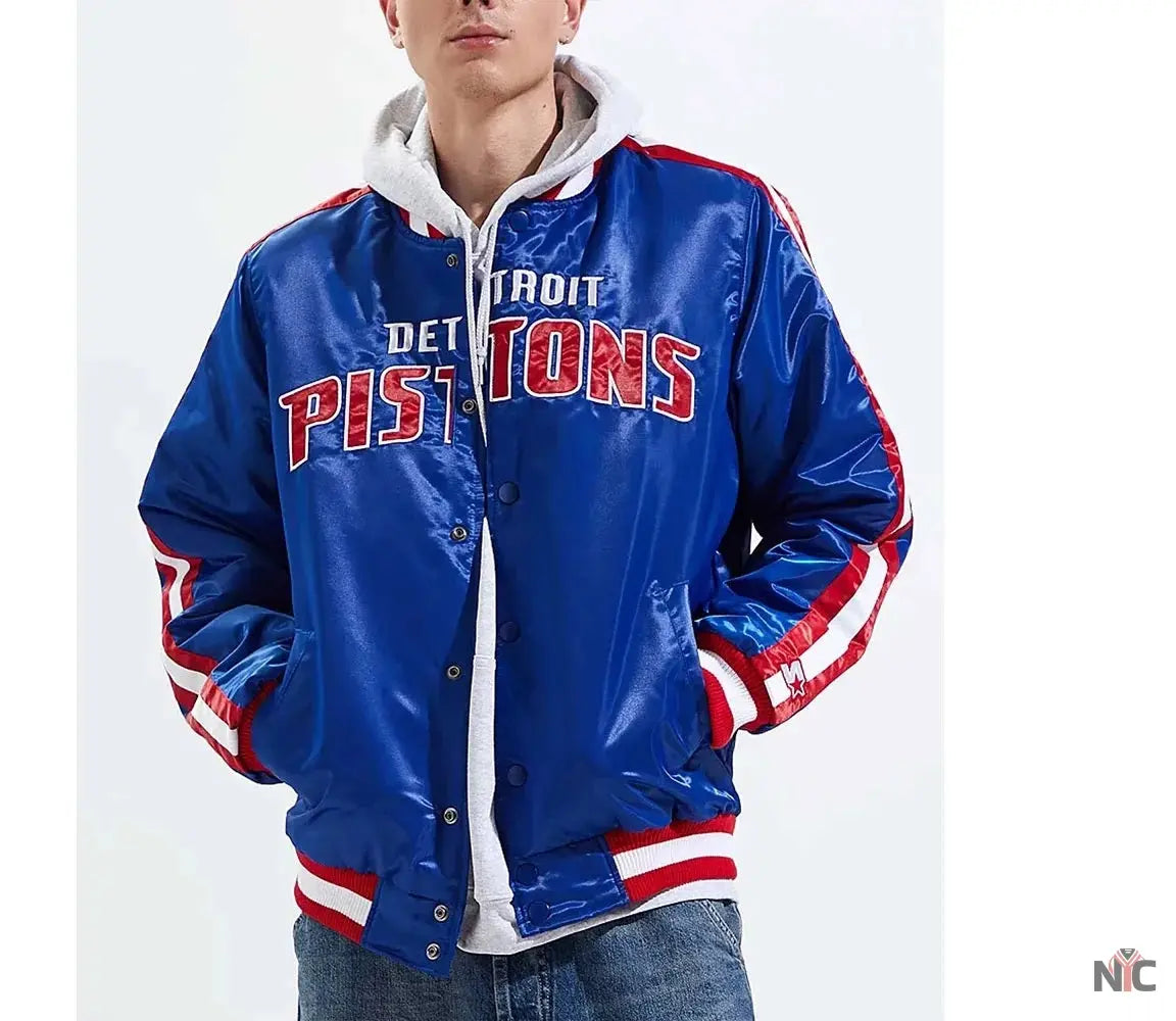 Detroit Pistons Inspired Striped Varsity Blue Satin Jacket