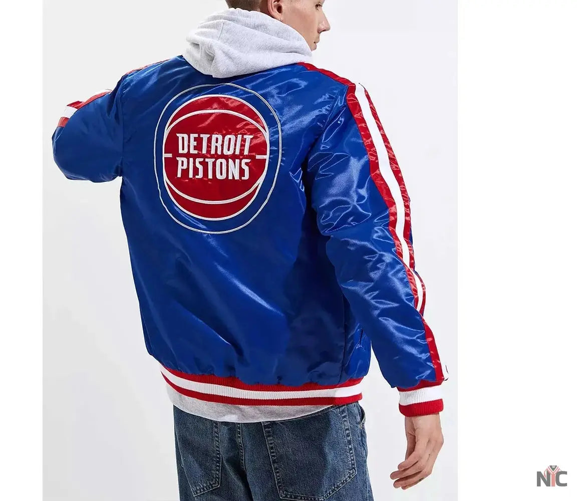 Detroit Pistons Inspired Striped Varsity Blue Satin Jacket