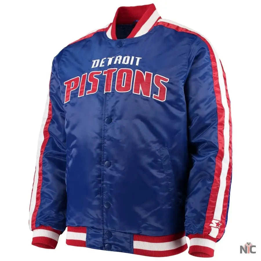 Detroit Pistons Inspired Striped Varsity Blue Satin Jacket