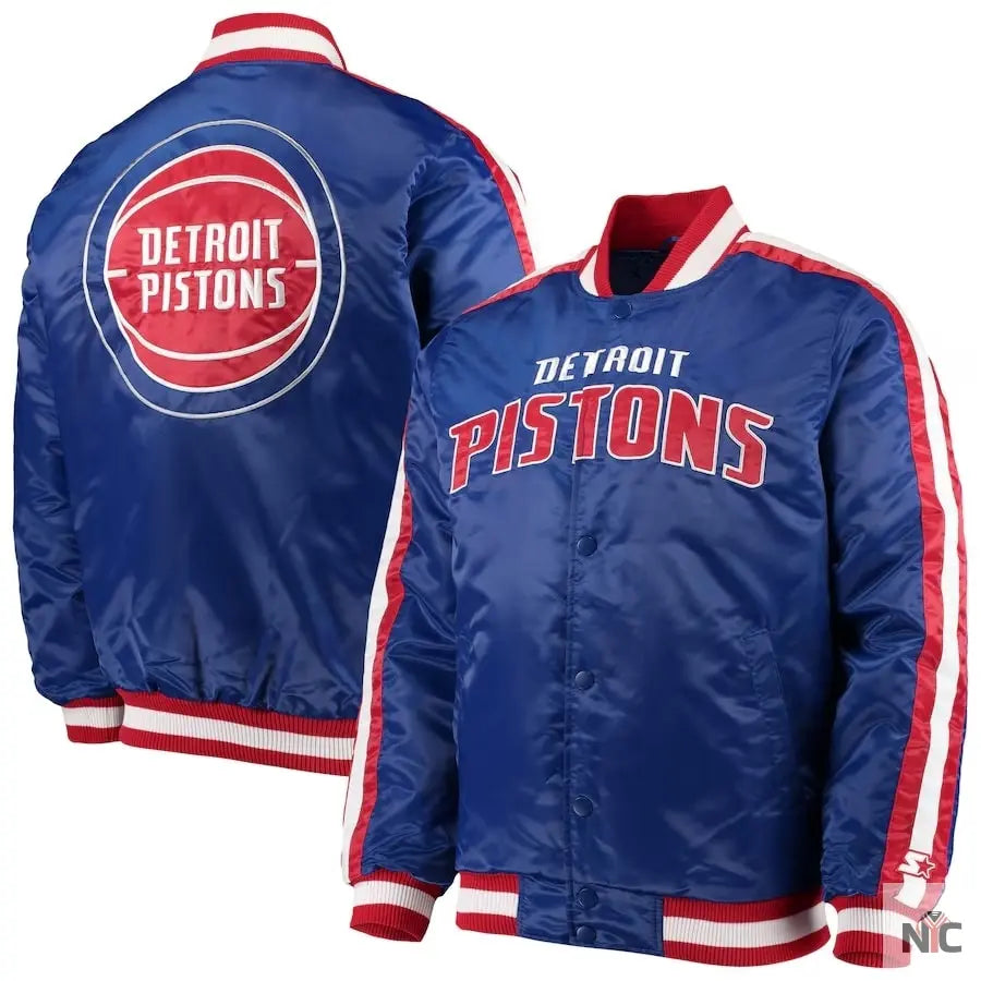 Detroit Pistons Inspired Striped Varsity Blue Satin Jacket