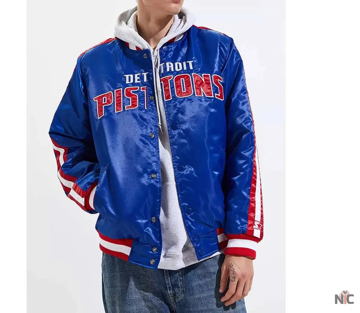 Detroit Pistons Inspired Striped Varsity Blue Satin Jacket